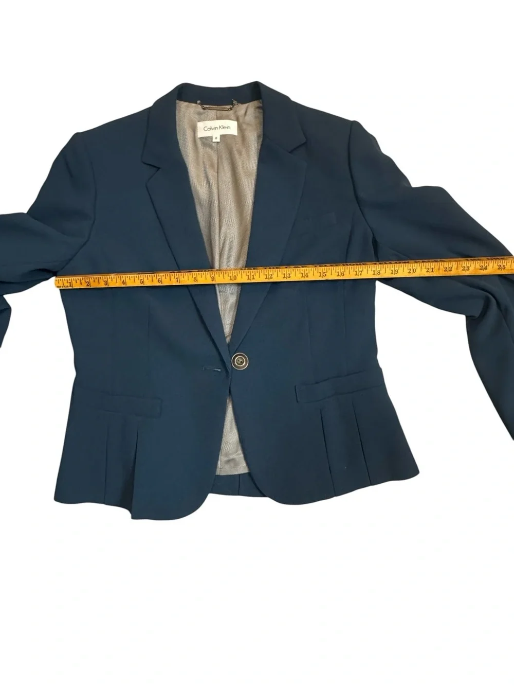 Calvin Klein Blue Pleated Peplum One Button Tailored Blazer Jacket Size 8